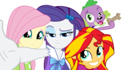 Size: 3560x2004 | Tagged: safe, artist:vaniaeditors, fluttershy, rarity, spike, sunset shimmer, dog, equestria girls, g4, my little pony equestria girls: rainbow rocks, clothes, high res, pajamas, selfie, simple background, spike the dog, transparent background, vector