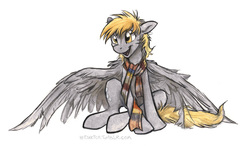 Size: 1126x657 | Tagged: safe, artist:kenket, derpy hooves, pegasus, pony, g4, clothes, female, large wings, mare, scarf, sitting, solo, traditional art
