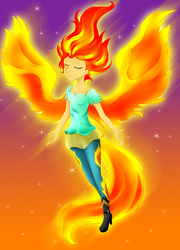 Size: 3191x4420 | Tagged: safe, artist:scarlet-spectrum, sunset shimmer, equestria girls, g4, my little pony equestria girls: rainbow rocks, my past is not today, clothes, eyes closed, female, fiery shimmer, high res, pants, solo, sunset phoenix