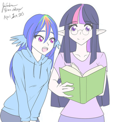 Size: 800x813 | Tagged: safe, artist:jonfawkes, rainbow dash, twilight sparkle, human, g4, 30 minute art challenge, book, elf ears, glasses, humanized, reading, wing ears