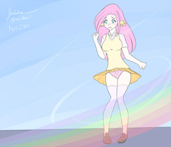 Size: 1280x1100 | Tagged: safe, artist:jonfawkes, fluttershy, rainbow dash, human, g4, 30 minute art challenge, blushing, breasts, bunny print underwear, clothes, embarrassed, embarrassed underwear exposure, face print underwear, female, humanized, panties, panty shot, pink underwear, skirt, solo, underwear, upskirt, wind, wing ears