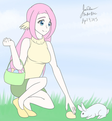 Size: 1280x1387 | Tagged: safe, artist:jonfawkes, angel bunny, fluttershy, human, rabbit, g4, 30 minute art challenge, animal, clothes, easter, humanized, skirt, sleeveless turtleneck, wing ears