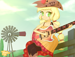Size: 1450x1114 | Tagged: safe, artist:riouku, applejack, human, equestria girls, friendship through the ages, g4, my little pony equestria girls: rainbow rocks, alternate hairstyle, bass guitar, cottagecore, country applejack, cute, female, jackabetes, musical instrument, pigtails, sleeveless, solo, windmill