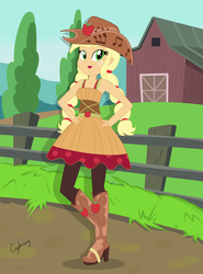 Size: 4840x6533 | Tagged: safe, artist:thebrokencog, applejack, equestria girls, friendship through the ages, g4, my little pony equestria girls: rainbow rocks, '90s, absurd resolution, boots, country applejack, cowboy boots, cowboy hat, female, freckles, hat, high heel boots, high heels, music notes, shoes, sleeveless, solo