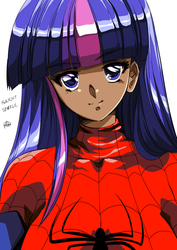 Size: 1060x1500 | Tagged: safe, artist:hinomars19, twilight sparkle, human, spiders and magic: rise of spider-mane, g4, bust, clothes, colored pupils, costume, dark skin, female, humanized, male, solo, spider-man
