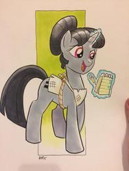 Size: 600x800 | Tagged: safe, artist:tonyfleecs, sugar belle, g4, the cutie map, apron, clothes, equal cutie mark, female, notepad, solo, traditional art