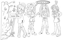 Size: 1280x816 | Tagged: safe, artist:piojote, adagio dazzle, aria blaze, sonata dusk, sunset shimmer, equestria girls, g4, ball of violence, engrish, facebook, fight, monochrome, the dazzlings