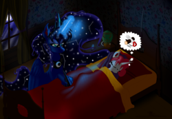Size: 4072x2815 | Tagged: safe, artist:max, princess luna, sweetie belle, g4, bed, bedroom, constellation, moon, moonlight, night, requested art, sleeping, snoring