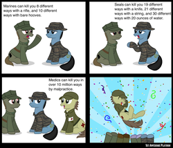 Size: 1412x1210 | Tagged: safe, artist:ethanchang, oc, oc only, oc:rapiddeploy, earth pony, pony, 1st awesome platoon, 4 panel comic, army, combat medic, comic, malpractice, marines, medic, military, military uniform, navy, navy seal, us army