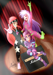 Size: 650x919 | Tagged: safe, artist:valinhya, apple bloom, scootaloo, sweetie belle, human, g4, the show stoppers, cutie mark crusaders, devil horn (gesture), humanized, show stopper outfits