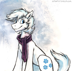 Size: 631x620 | Tagged: safe, artist:kenket, double diamond, earth pony, pony, g4, the cutie map, clothes, male, messy mane, scarf, simple background, solo, stallion, traditional art