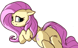 Size: 422x262 | Tagged: safe, artist:yoditax, fluttershy, pegasus, pony, g4, butt, female, floppy horn, horn, looking back, lying down, mare, plot, prone, solo