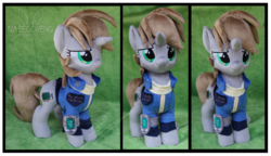 Size: 3051x1753 | Tagged: safe, artist:nazegoreng, oc, oc only, oc:littlepip, pony, unicorn, fallout equestria, clothes, fanfic, female, irl, jumpsuit, mare, photo, pipbuck, plushie, solo, vault suit