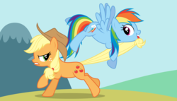 Size: 11200x6400 | Tagged: safe, artist:parclytaxel, applejack, rainbow dash, earth pony, pegasus, pony, g4, .svg available, absurd resolution, female, flying, frown, glare, grin, gritted teeth, looking back, mare, mouth hold, pulling, raised hoof, role reversal, running, science, smiling, spread wings, tail bite, tail pull, tug of war, vector