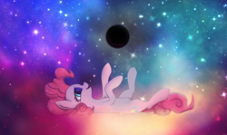 Size: 2000x1191 | Tagged: safe, artist:mrscroup, pinkie pie, g4, black hole, eldritch abomination, female, nebula, on back, open mouth, pinkie physics, smiling, solo, space, stars, tangible heavenly object