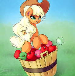 Size: 1063x1076 | Tagged: safe, artist:sverre93, applejack, g4, apple, bucket, cute, female, jackabetes, smiling, solo, that pony sure does love apples