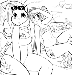 Size: 761x787 | Tagged: safe, artist:glacierclear, fluttershy, rainbow dash, anthro, g4, beach, belly button, bikini, chubby, clothes, explicit source, monochrome, one-piece swimsuit, plump, swimsuit
