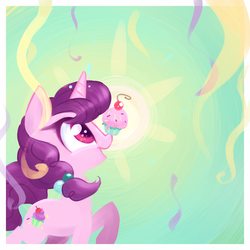 Size: 2000x2000 | Tagged: safe, artist:meekcheep, sugar belle, pony, unicorn, the cutie map, balancing, cupcake, cute, female, painting, ponies balancing stuff on their nose, solo, streamers, sugarbetes