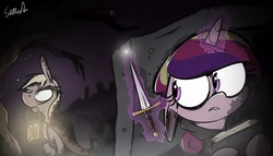 Size: 1162x665 | Tagged: safe, artist:slitherpon, princess cadance, oc, moody mark crusaders, g4, alternate universe, book, cape, clothes, dagger, knife, lantern, lip bite, necromancy, weapon, younger