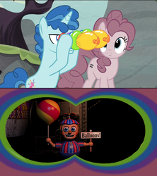 Size: 910x1024 | Tagged: safe, party favor, pinkie pie, g4, my little pony: friendship is magic, the cutie map, balloon binoculars, balloon boy, balloon vision, binoculars, exploitable meme, five nights at freddy's, five nights at freddy's 2, meme, pun