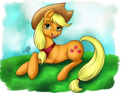 Size: 1100x850 | Tagged: safe, artist:dslycaon, applejack, g4, crossed hooves, female, lipstick, looking at you, neckerchief, prone, solo