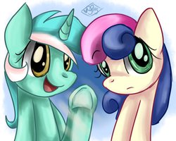 Size: 999x799 | Tagged: safe, artist:tamoqu, bon bon, lyra heartstrings, sweetie drops, earth pony, pony, unicorn, g4, abstract background, duo, looking at you, smiling