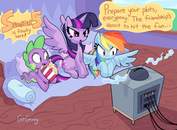 Size: 1402x1033 | Tagged: safe, artist:girgrunny, rainbow dash, spike, twilight sparkle, alicorn, pony, g4, season 5, 2015, anticipation, eager, excited, female, hype, magic, mare, popcorn, television, twilight sparkle (alicorn), window