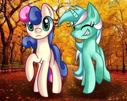 Size: 999x799 | Tagged: safe, artist:tamoqu, bon bon, lyra heartstrings, sweetie drops, earth pony, pony, unicorn, g4, autumn, duo, grin, irl, leaves, one eye closed, park, photo, ponies in real life, smiling, wink