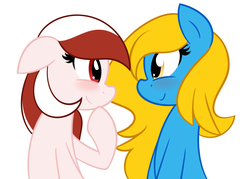Size: 1280x918 | Tagged: safe, artist:furrgroup, oc, oc only, oc:internet explorer, oc:opera, pony, ask internet explorer, blushing, browser ponies, duo, female, internet explorer, lesbian, looking at each other, opera, simple background, smiling, white background