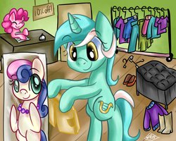 Size: 999x799 | Tagged: safe, artist:tamoqu, bon bon, lyra heartstrings, pinkie pie, sweetie drops, earth pony, pony, unicorn, g4, bipedal, clothes, jewelry, mirror, necklace, reflection, sale, shopping, shorts, store