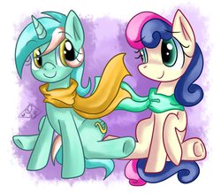 Size: 955x837 | Tagged: safe, artist:tamoqu, bon bon, lyra heartstrings, sweetie drops, earth pony, pony, unicorn, g4, abstract background, clothes, duo, scarf, smiling
