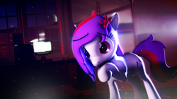 Size: 1920x1079 | Tagged: safe, oc, oc only, oc:silent song, 3d, bow, cute, hair bow, ponysona, raised hoof, shy, smiling, solo, source filmmaker