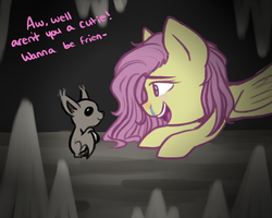 Size: 1280x1024 | Tagged: safe, artist:askflutterpsycho, fluttershy, bat, pegasus, pony, g4, cave, duo, smiling, stalagmite, text