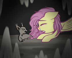 Size: 1280x1024 | Tagged: safe, artist:askflutterpsycho, fluttershy, bat, pegasus, pony, g4, cave, crying, duo, stalagmite