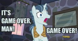 Size: 950x500 | Tagged: safe, edit, edited screencap, screencap, party favor, pony, unicorn, g4, the cutie map, alien (franchise), caption, game over, image macro, male, meme, reference, solo, stallion, text