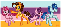 Size: 3000x1376 | Tagged: safe, artist:anggrc, cheese sandwich, party favor, pinkie pie, sugar belle, earth pony, pony, unicorn, g4, the cutie map, female, group, male, mare, party quartet, party trio, quartet, stallion