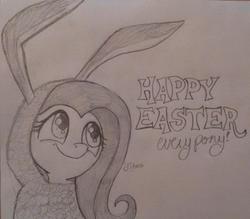 Size: 1271x1112 | Tagged: safe, artist:xchan, fluttershy, g4, bunny costume, bunny pajamas, caption, clothes, easter, female, hoodie, monochrome, pencil drawing, sketch, solo, traditional art