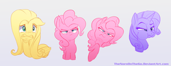Size: 3000x1167 | Tagged: safe, artist:thenornonthego, fluttershy, pinkie pie, rarity, g4, the cutie map, cheek bulge, faic, grimace, when she doesn't smile