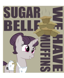 Size: 4313x5295 | Tagged: safe, artist:cider-crave, sugar belle, pony, unicorn, g4, the cutie map, absurd resolution, apron, caption, clothes, equal cutie mark, female, mare, muffin, poster, rope, smiling, solo