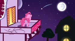 Size: 4450x2430 | Tagged: safe, artist:dr.johndash, pinkie pie, earth pony, pony, g4, eyes closed, female, longing, mare in the moon, moon, night, shooting star, solo, stars, vector, wish, wishing