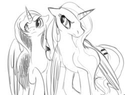 Size: 1280x971 | Tagged: safe, artist:dotkwa, princess celestia, princess luna, g4, the cutie map, bad end, equal cutie mark, grayscale, monochrome, raised hoof, sketch, unamused