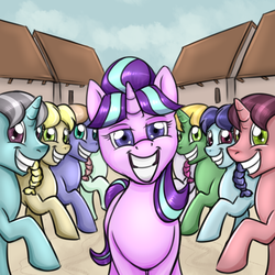 Size: 720x720 | Tagged: safe, artist:deyogee, blueberry frosting, currant dust, ivy vine, moon dust, moonstone (g4), offbeat, pepperjack, rosemary, starlight glimmer, pony, g4, the cutie map, in our town, lemon custard, stalin glimmer