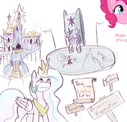 Size: 477x457 | Tagged: safe, artist:woox, princess celestia, twilight sparkle, alicorn, earth pony, pony, g4, the cutie map, banner, celestia hate, crying, cutie map, female, flockmod, friendship throne, letter, looking up, mare, memory, princess exposition, sad, trollestia, twilight sparkle (alicorn), twilight's castle, tyrant celestia