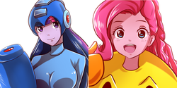 Size: 1000x500 | Tagged: dead source, safe, artist:maidenofthebells, pinkie pie, twilight sparkle, equestria girls, g4, capcom, cleavage, cosplay, crossover, female, hilarious in hindsight, mega man (series), namco, pac-man, portrait, super smash bros.