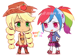 Size: 1699x1275 | Tagged: safe, artist:merryyy87, applejack, rainbow dash, equestria girls, friendship through the ages, g4, my little pony equestria girls: rainbow rocks, applejack's hat, blushing, boots, chibi, clothes, country applejack, cowboy hat, cute, dashabetes, female, hand on hip, hat, jackabetes, looking at each other, open mouth, rainbow punk, shoes, simple background, skirt, sleeveless, smiling, white background
