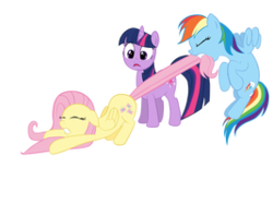 Size: 267x200 | Tagged: safe, artist:thesketchypony, fluttershy, rainbow dash, twilight sparkle, pegasus, pony, unicorn, g4, female, floppy ears, mare, simple background, tail bite, tail pull, transparent background, unicorn twilight