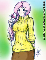 Size: 1700x2231 | Tagged: safe, artist:oyedraws, fluttershy, human, g4, breasts, busty fluttershy, clothes, female, humanized, solo, sweater, sweatershy