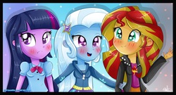 Size: 1738x939 | Tagged: safe, artist:vixelzf, sunset shimmer, trixie, twilight sparkle, equestria girls, g4, my little pony equestria girls: rainbow rocks, :t, blushing, counterparts, cute, frown, magical trio, open mouth, smiling, twilight sparkle (alicorn), twilight's counterparts