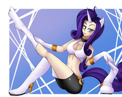 Size: 900x720 | Tagged: safe, artist:d-xross, rarity, human, g4, breasts, cleavage, clothes, eared humanization, evening gloves, female, horn, horned humanization, humanized, socks, solo, stockings, thigh highs