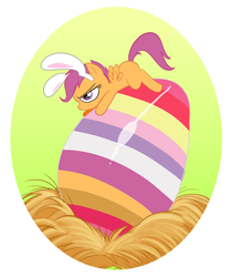 Size: 959x1154 | Tagged: safe, artist:mickeymonster, scootaloo, g4, bunny ears, easter, easter egg, egg, female, scootachicken, scootaloo is not amused, solo, unamused